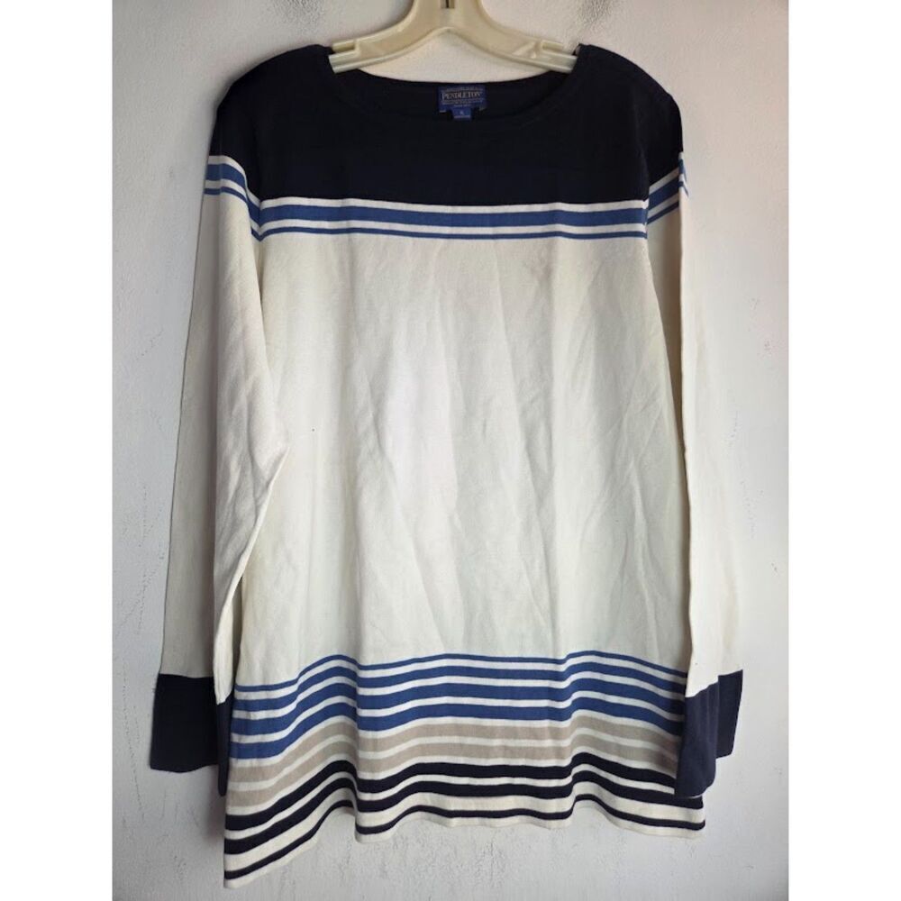 Pendleton Nautical Beige w/Blue Strip Scoop Neck Silk/Cotton Knit Blouse size XL